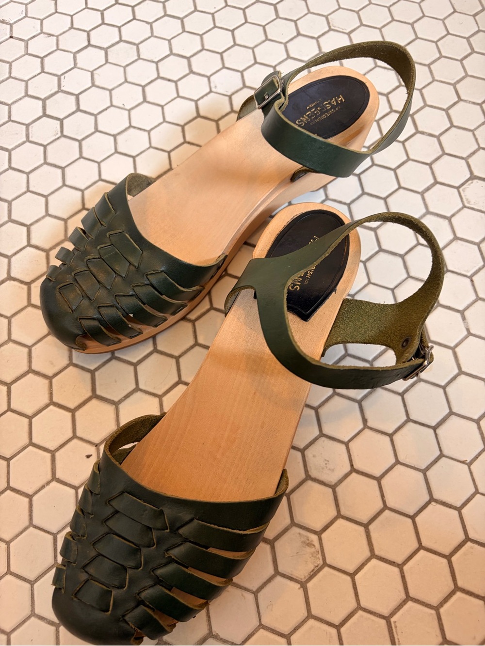 Swedish Hasbeens Olive Green Woven Leather Sandals - Picture 3 of 4
